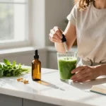 thc vape juice displayed in a serene wellness kitchen scene with CBD oil, fresh hemp extract, and supplements for a healthy lifestyle.