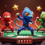 Engage with VN168's vibrant casino action featuring cartoon chameleons in an animated gambling scene.
