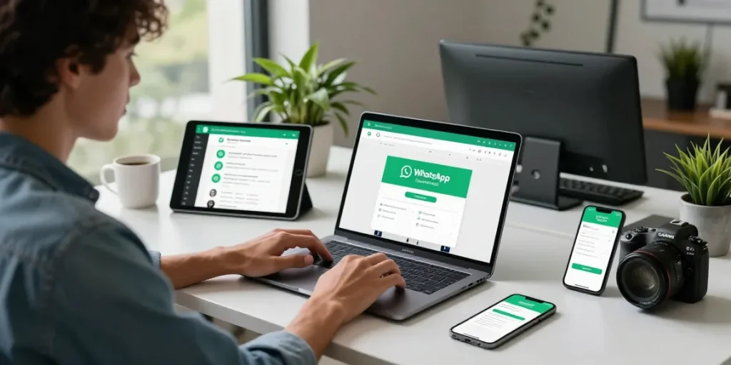 WhatsApp下載 on a modern tech workspace with devices and apps displayed