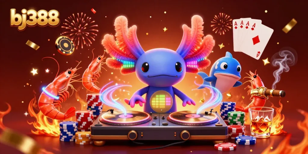 Engage in exciting cockfighting action with bj388's vibrant underwater casino scene featuring a lively DJ and dynamic characters.