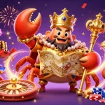 Engage in thrilling gameplay on trang chu 8xbet with a spectacular 3D casino illustration featuring golden crab emperor amidst glowing treasures.