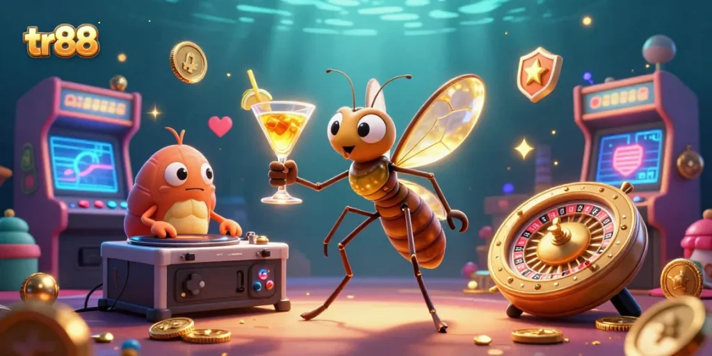 Experience the excitement of tr88 with a vibrant casino scene featuring a lively mascot, DJ, and golden roulette.