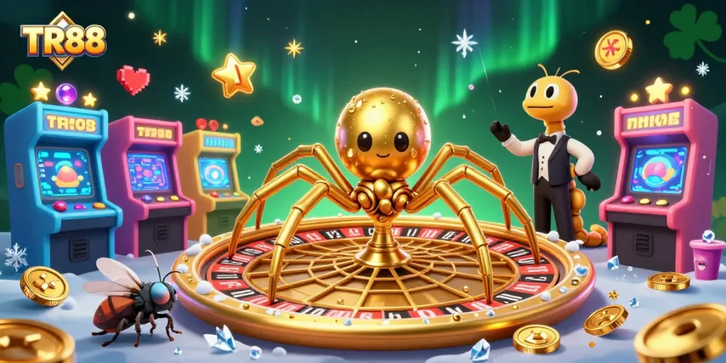 Experience thrilling bets at TR88 with a golden spider spinning its roulette web in a vibrant casino