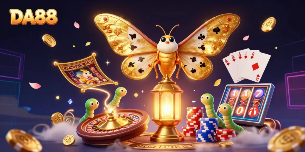 Engage with the vibrant world of DA88 in this dynamic digital casino illustration with golden motifs.