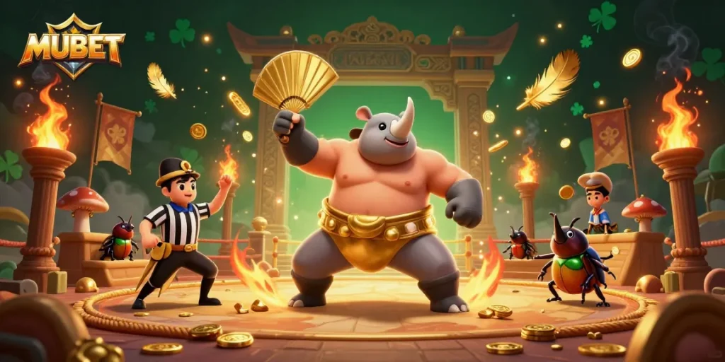 MUBET showcases a dynamic 3D illustration of a sumo beetle champion amidst a vibrant casino scene filled with coins and excitement.