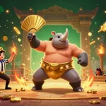 MUBET showcases a dynamic 3D illustration of a sumo beetle champion amidst a vibrant casino scene filled with coins and excitement.