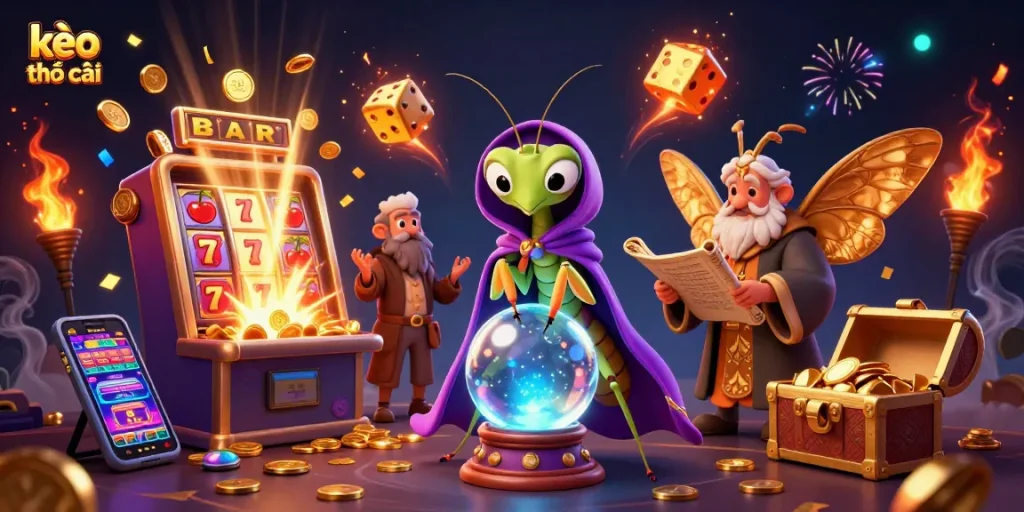 Experience the excitement of kèo nhà cái with a vibrant illustration of a fortune teller and a moth librarian amidst casino elements.