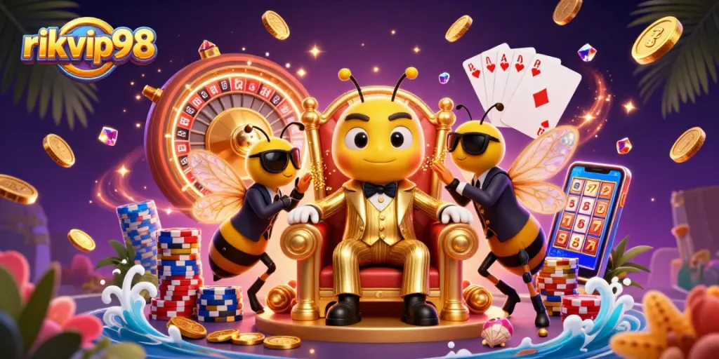 Experience thrilling gameplay at rikvip98 with a vibrant casino illustration featuring rich elements and characters.