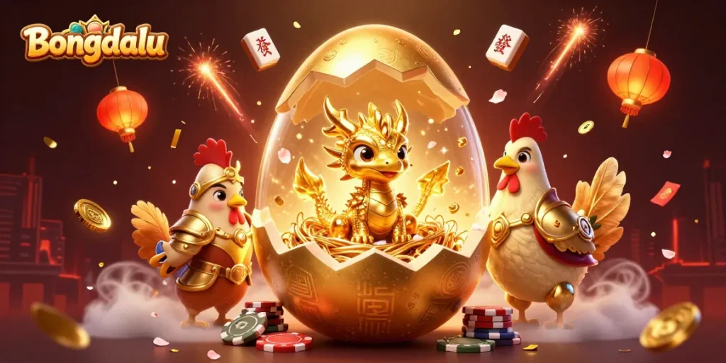 Bongdalu showcases vibrant 3D golden dragon amidst poker chips, celebrating sports betting.