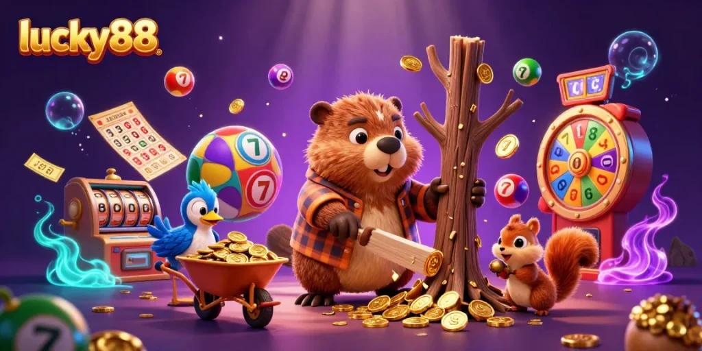 Engage with lucky88's vibrant 3D casino scene featuring animated characters joyfully collecting coins amidst colorful gambling elements.