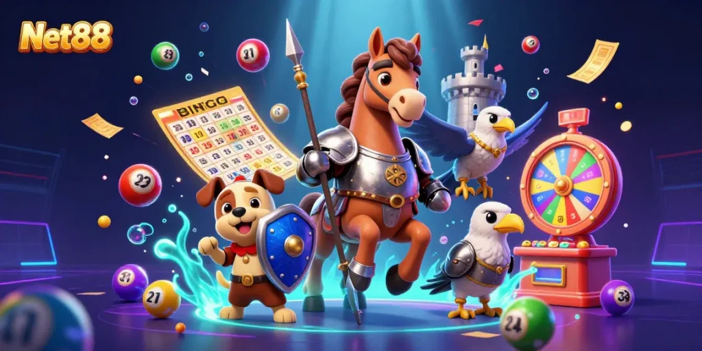 Engage with the vibrant Net88 gambling scene featuring a knight, squire, and falcon surrounded by lottery elements.