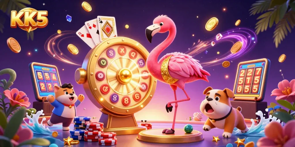 Experience fun with KK5's games as the flamingo host spins a giant prize wheel.