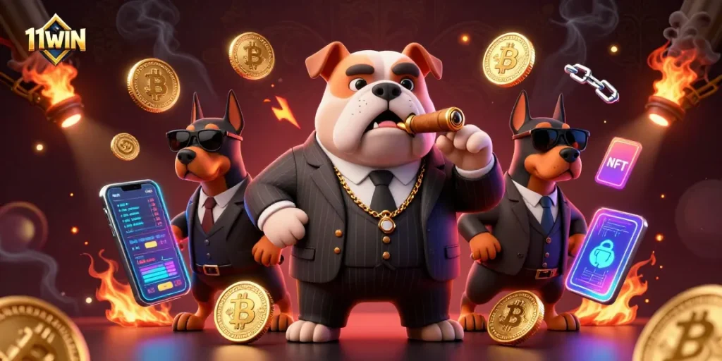 Engage with 11WIN's vibrant casino world featuring a mafia bulldog and crypto excitement.