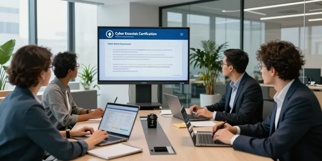 Team discussing the cyber essentials questionnaire in a modern office setting, showcasing collaboration on cybersecurity.