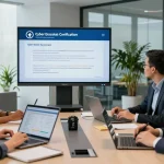 Team discussing the cyber essentials questionnaire in a modern office setting, showcasing collaboration on cybersecurity.