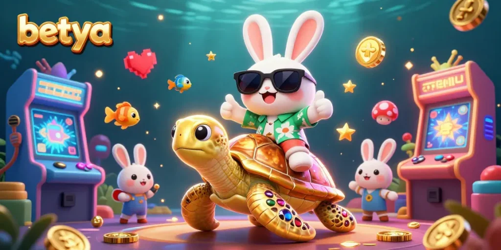 Spin to win with Betya's vibrant 3D cartoon scene featuring a lucky rabbit and golden turtle.