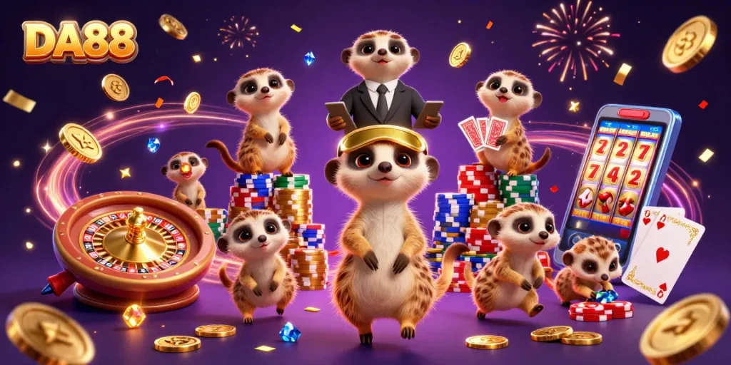 Watch DA88 meerkats managing a lively casino scene with vibrant games and sparkling treasures.