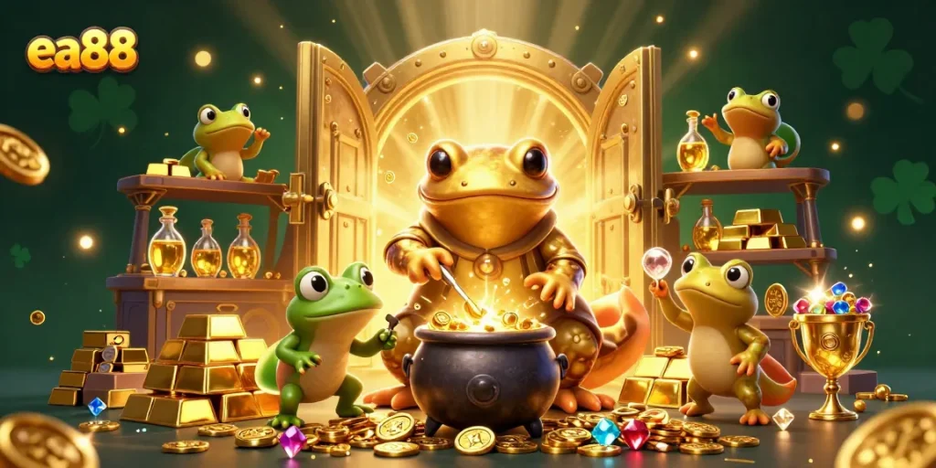 Play and win at ea88 with golden coins and treasures in a vibrant casino scene.