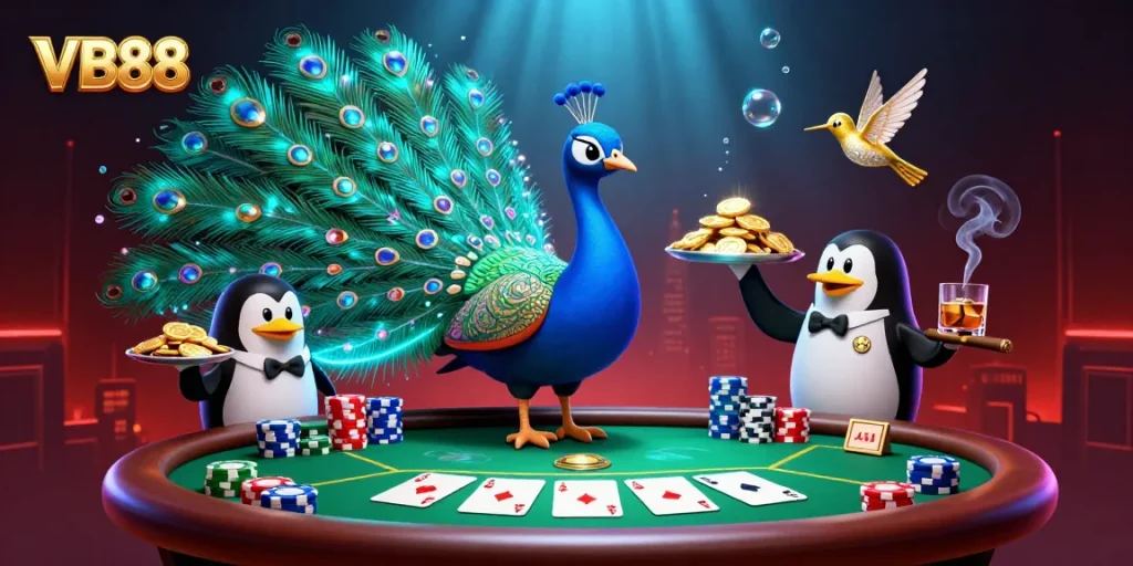 Engage in thrilling poker action with VB88 amidst vibrant characters and dynamic casino elements.