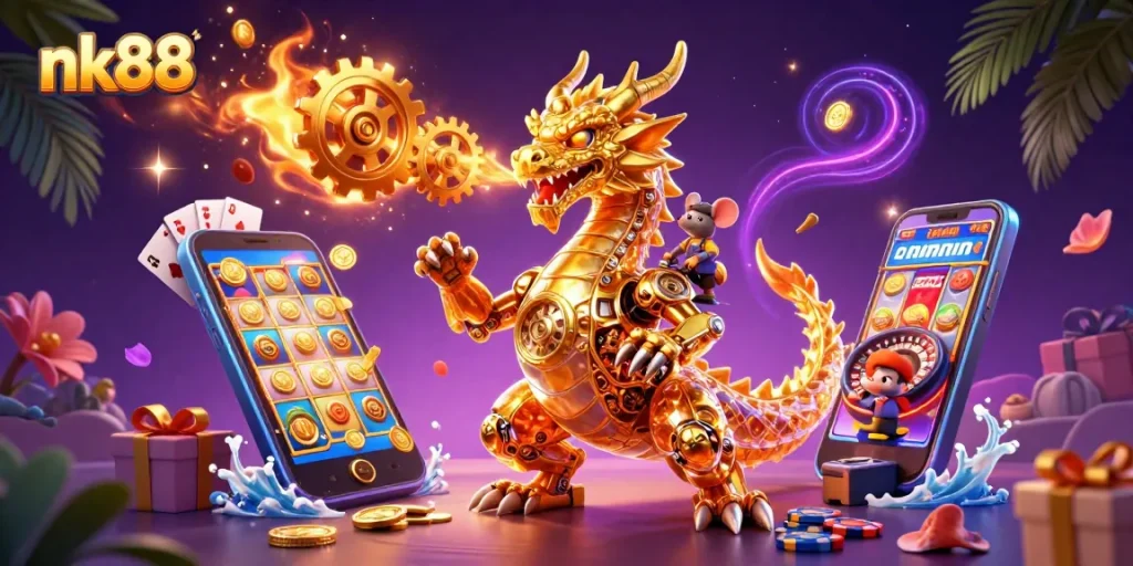 Experience thrilling gameplay at nk88 with a 3D cartoon dragon and vibrant casino game elements.