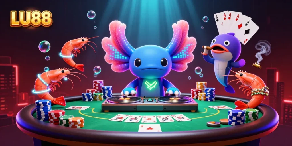 Engage with LU88's vibrant casino scene featuring a neon DJ and animated characters.