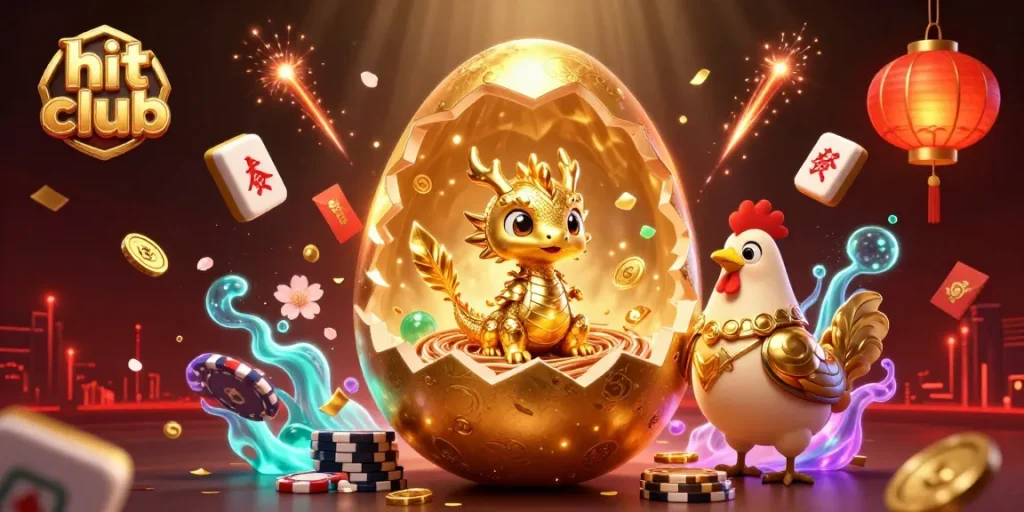 Experience thrilling gaming action at hit club with sparkling poker chips and a golden dragon.