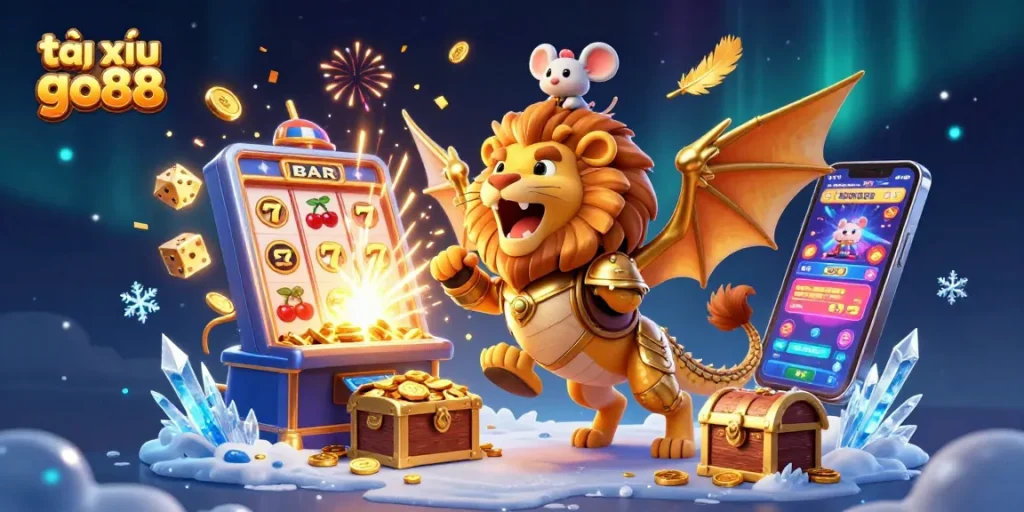 Tài xỉu go88 showcases an exciting casino scene with golden chimera, coins, and slot machine elements.