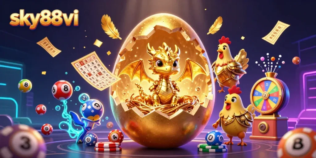 sky88vi showcases a vibrant casino scene with a golden dragon among lottery elements and casino games.