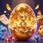 sky88vi showcases a vibrant casino scene with a golden dragon among lottery elements and casino games.