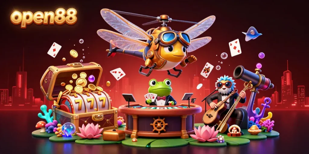 Experience thrilling casino action at open88 with vibrant 3D illustrations featuring games and characters.