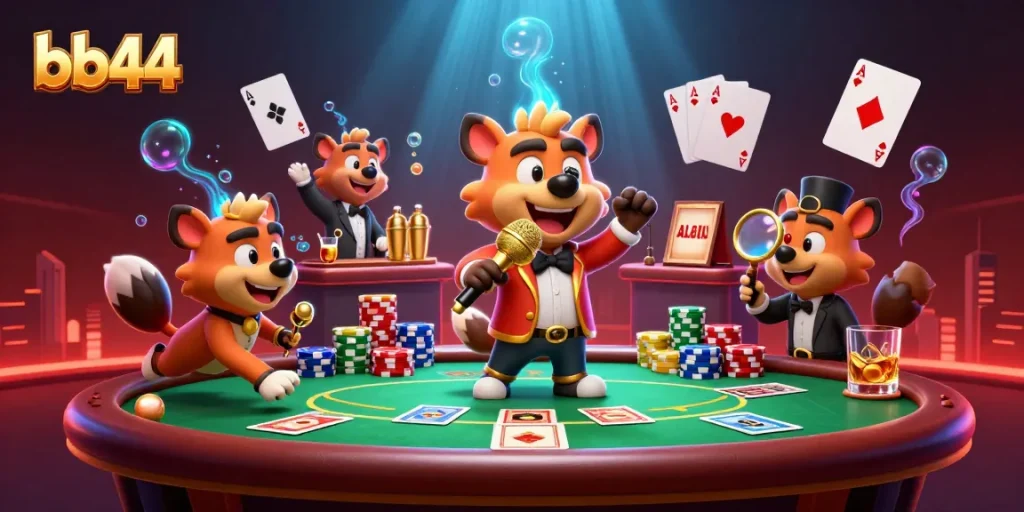 bb44 hyenas entertaining in a vibrant casino scene filled with poker action