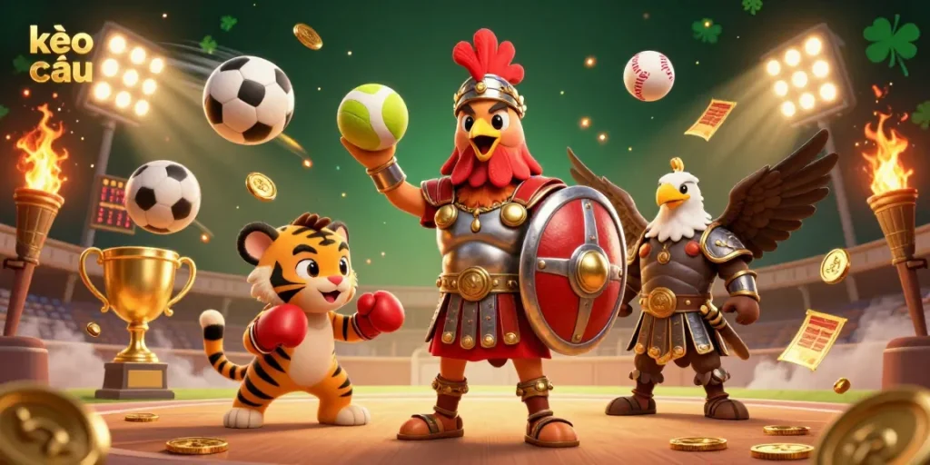 Experience kèo nhà cái with dynamic sports elements and characters in a lively betting arena.