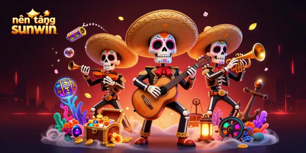 The illustration showcases nền tảng sunwin with vibrant mariachis, exhilarating game elements, and a casino atmosphere.