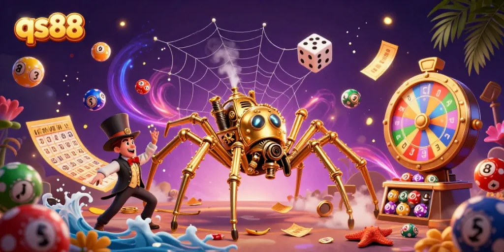 Engage with excitement at qs88's casino with a vibrant 3D scene illustrating games and adventures.