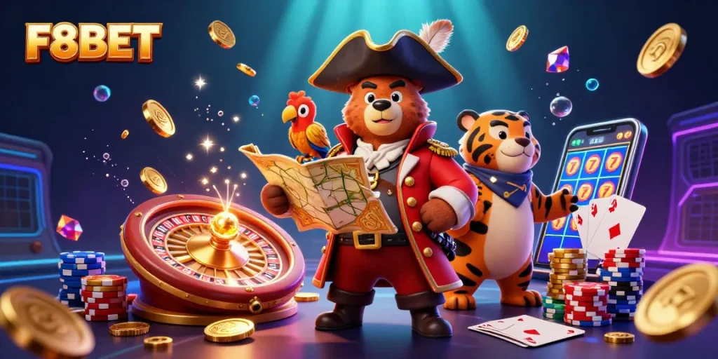 Engage in thrilling F8BET adventures with vibrant characters and dynamic casino elements around them.