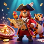 Engage in thrilling F8BET adventures with vibrant characters and dynamic casino elements around them.
