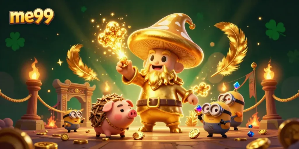 Experience me99's enchanting casino world with a golden mushroom wizard transforming gameplay magic.
