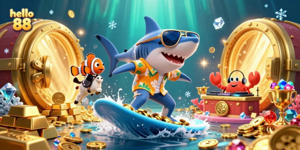 Experience the thrill of winning at hello 88 while a playful shark surfs on gold coins amidst dazzling gems.