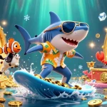 Experience the thrill of winning at hello 88 while a playful shark surfs on gold coins amidst dazzling gems.