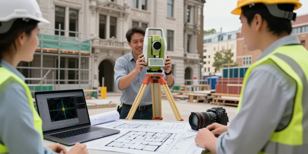 Measured Building Surveys Sussex in a professional urban setting, experienced surveyor conducting precise measurements and discussing project details.