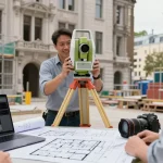 Measured Building Surveys Sussex in a professional urban setting, experienced surveyor conducting precise measurements and discussing project details.