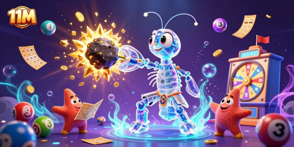 Engage in thrilling lottery gameplay with 11M, featuring vibrant colored balls and prize elements.