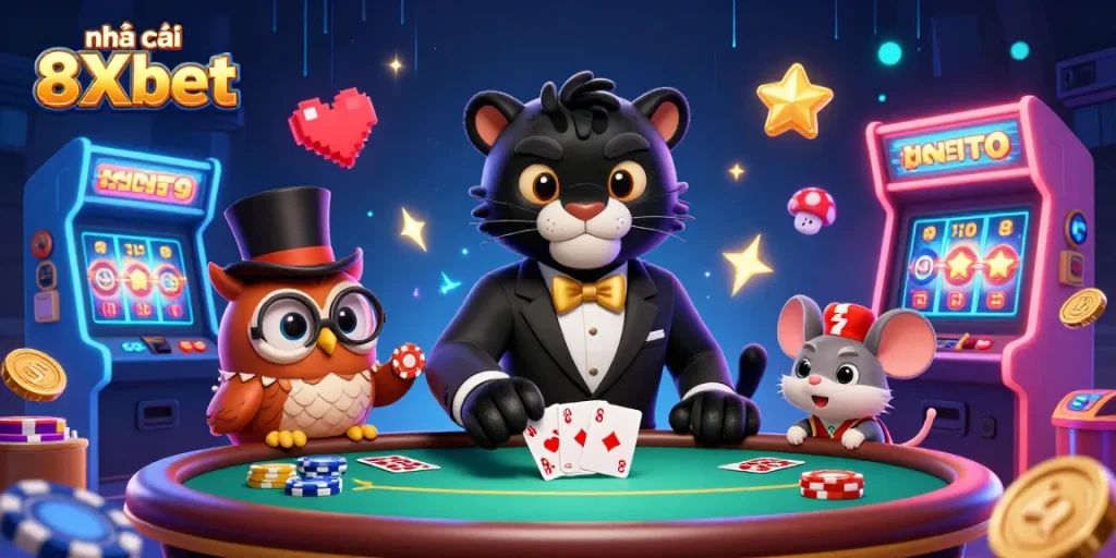 Experience top-tier gaming thrills at nhà cái 8Xbet with captivating characters and vibrant casino elements.