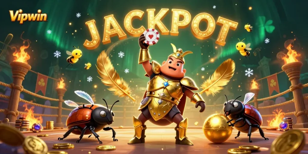 Experience the excitement at Vipwin with a victorious beetle lifting a poker chip amidst casino elements