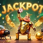 Experience the excitement at Vipwin with a victorious beetle lifting a poker chip amidst casino elements