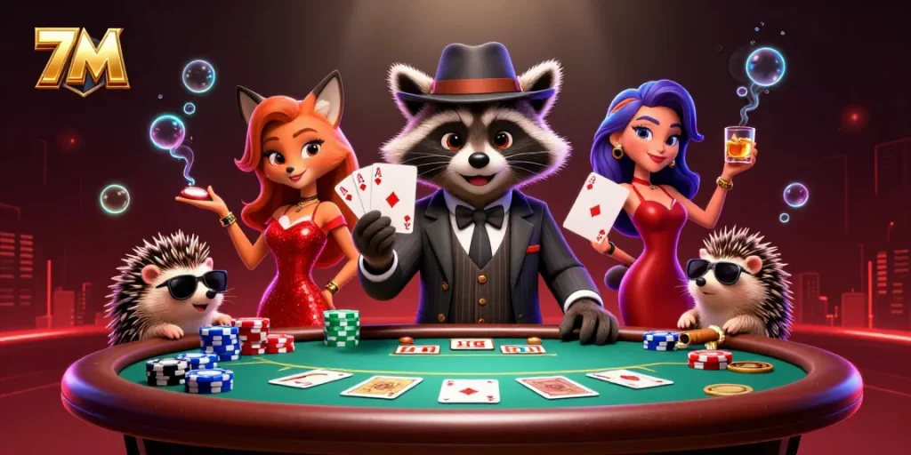 Experience thrilling poker action with 7M as a suave raccoon and charming fox compete at a vibrant table.