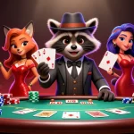 Experience thrilling poker action with 7M as a suave raccoon and charming fox compete at a vibrant table.