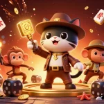 9BET showcases a vibrant scene of an archaeologist cat finding a golden casino artifact in an ancient temple.