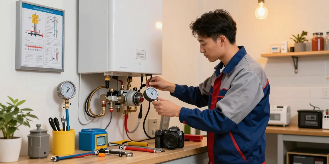 Boiler repair specialists inspecting a unit in a well-lit workshop, showcasing expertise and tools.