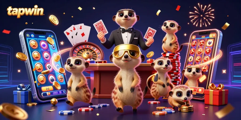 Experience exciting gaming at tapwin with meerkats managing a sparkling casino scene full of action.